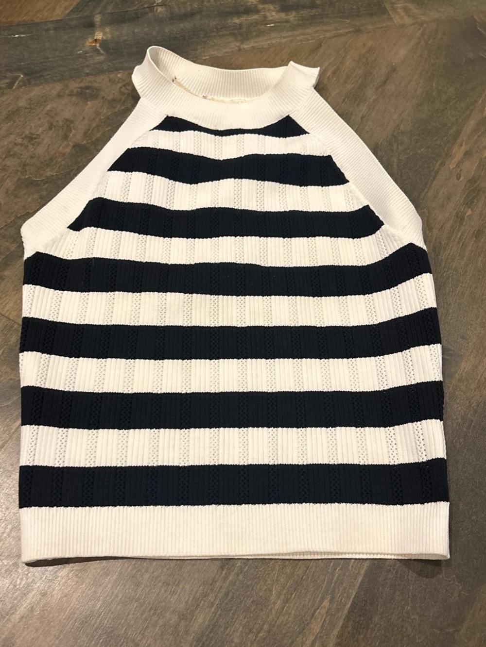 Striped Ribbed Halter Tank Top - White & Black